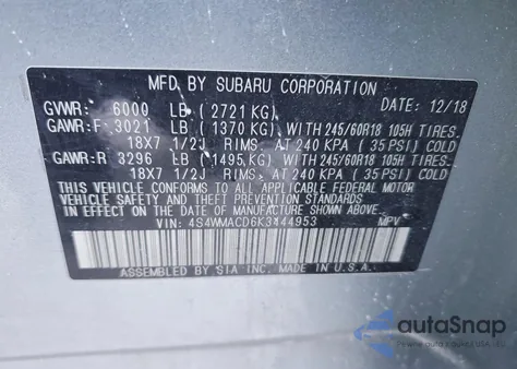 2019 Subaru Ascent Premium z USA, uszkodzony, nr VIN 4S4WMACD6K3444953